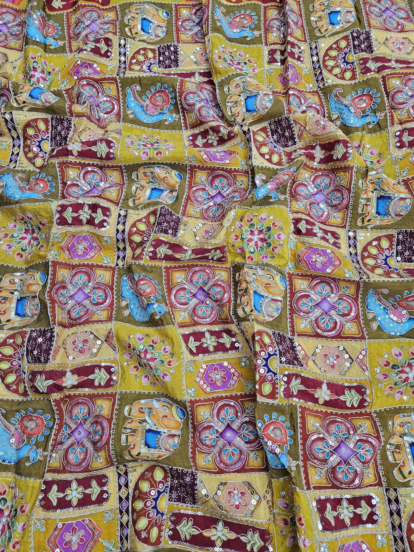 Yellow Multi Color Heavy Floral Position Print On Pure Natural Crepe Fabric