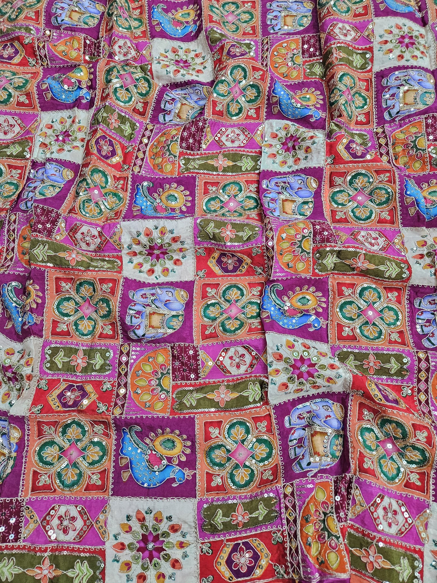 Pink Multi Color Heavy Floral Position Print On Pure Natural Crepe Fabric