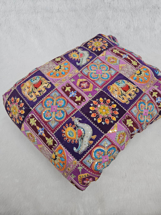 Lavender Multi Color Heavy Floral Position Print On Pure Natural Crepe Fabric