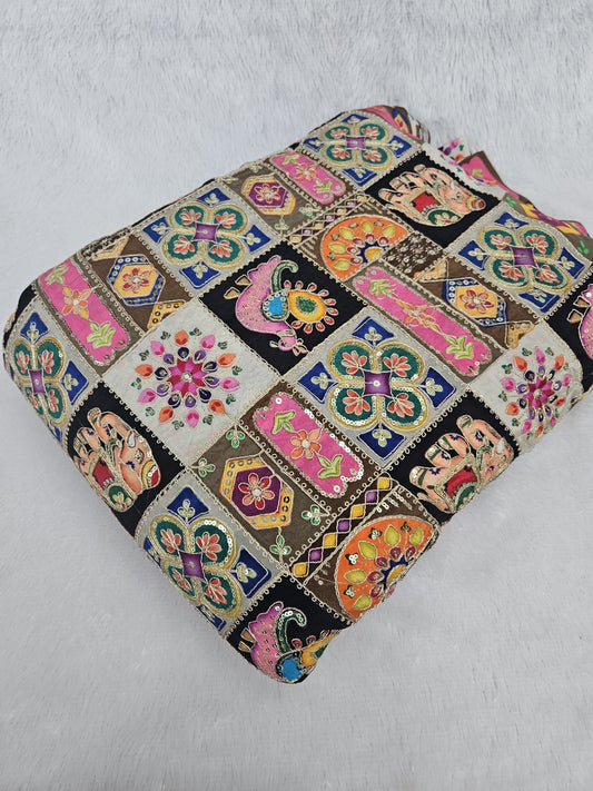 Black Multi Color Heavy Floral Position Print On Pure Natural Crepe Fabric