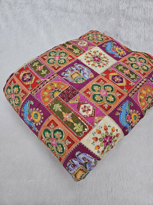 Pink Multi Color Heavy Floral Position Print On Pure Natural Crepe Fabric