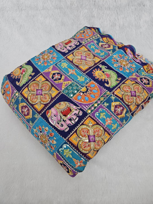 Blue Multi Color Heavy Floral Position Print On Pure Natural Crepe Fabric