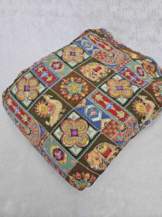 Green Multi Color Heavy Floral Position Print On Pure Natural Crepe Fabric