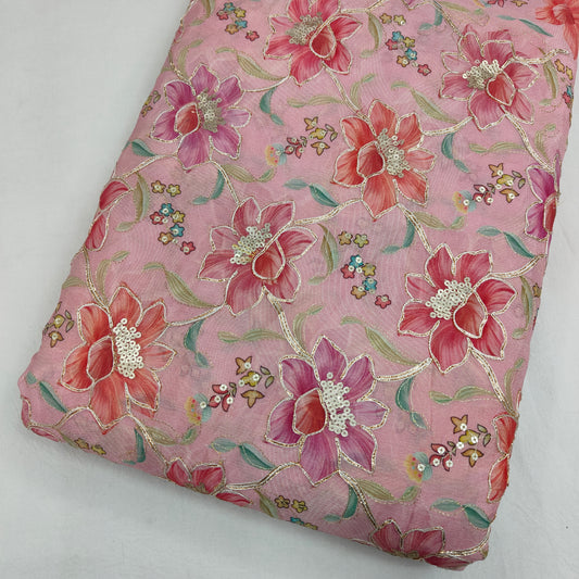 Pink Viscose Chinon Position Embroidery With Print 44"