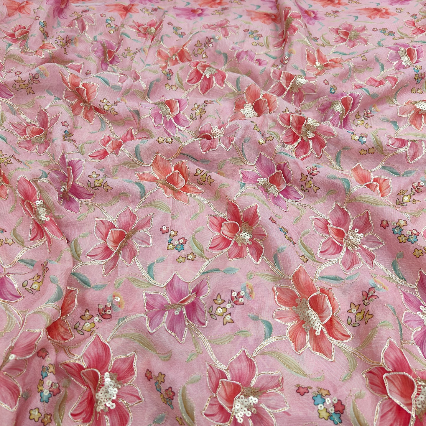 Pink Viscose Chinon Position Embroidery With Print 44"