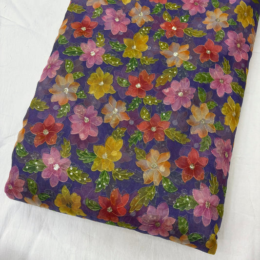 Purple Organza Floral Position Embroidery With Print 44"