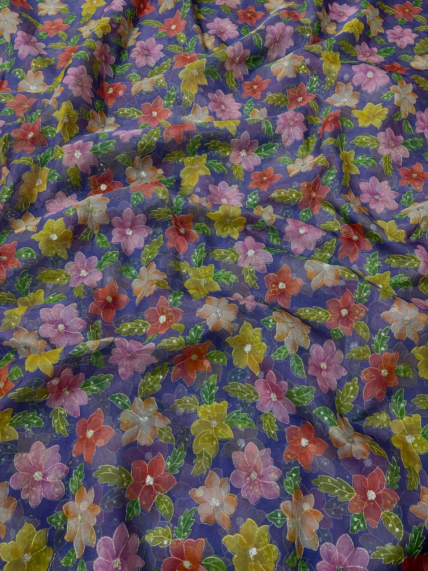 Purple Organza Floral Position Embroidery With Print 44"