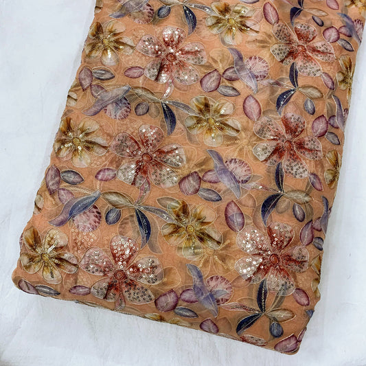 Light Peach Floral Position print On Organza Fabric