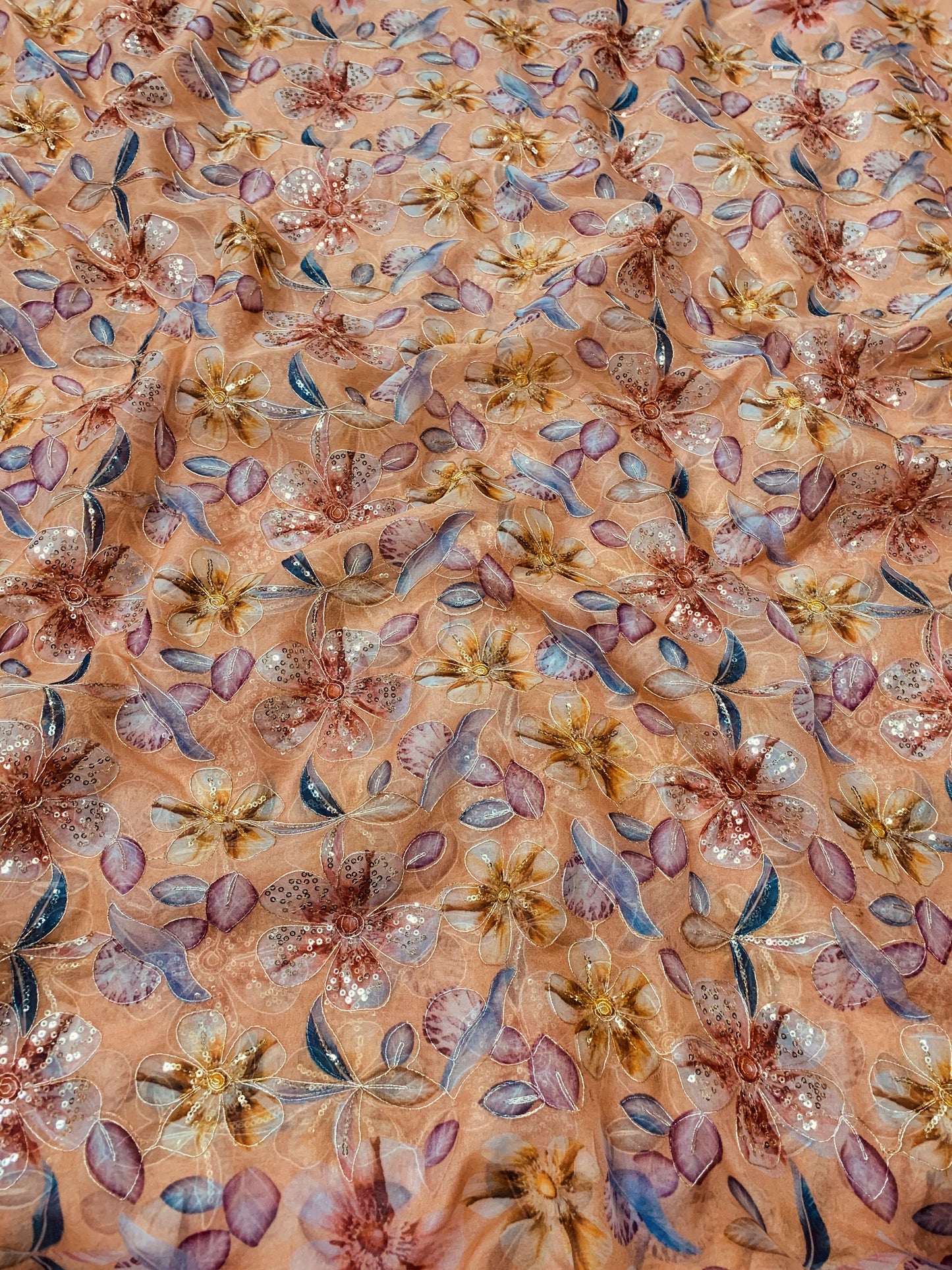 Light Peach Floral Position print On Organza Fabric