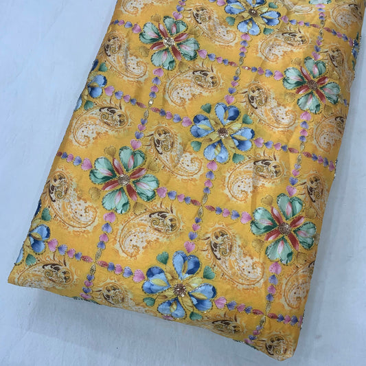 Yellow Abstract Sequins Work On D Crepe Fabric