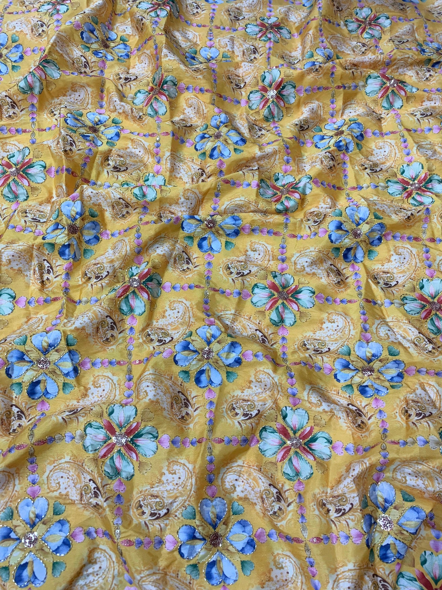 Yellow Abstract Sequins Work On D Crepe Fabric