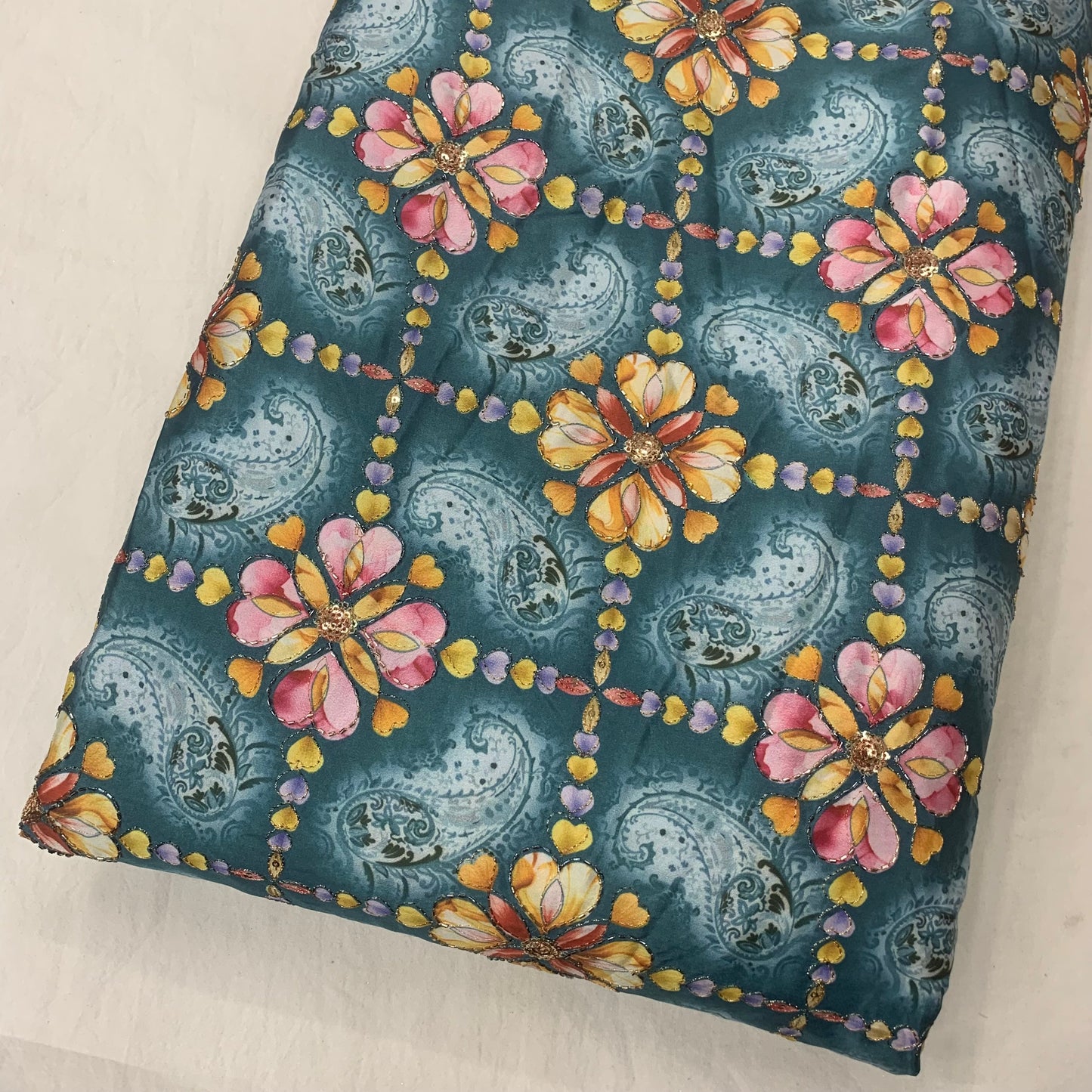 Rama Blue Floral Sequins Position Print On D-Crepe Fabric