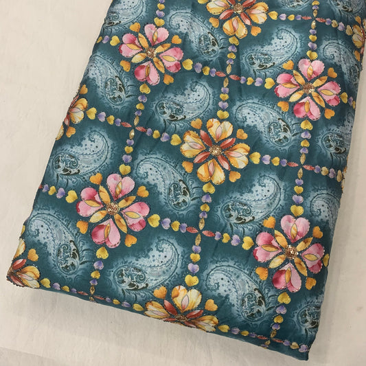 Rama Blue Floral Sequins Position Print On D-Crepe Fabric