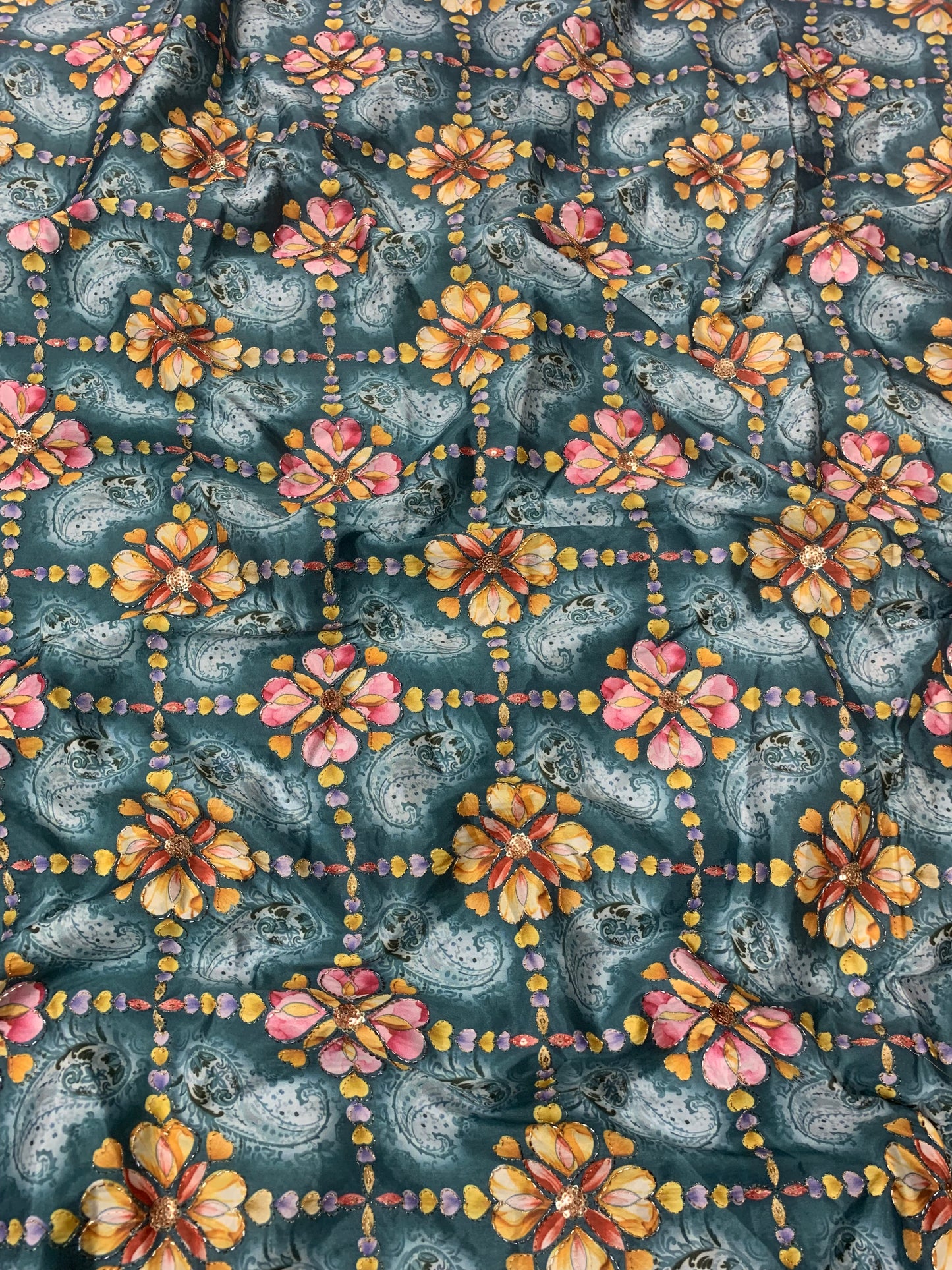 Rama Blue Floral Sequins Position Print On D-Crepe Fabric