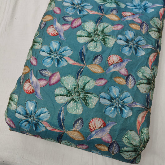 Sky Blue Cosmos Shimmer Position Embroidery With Print 44"