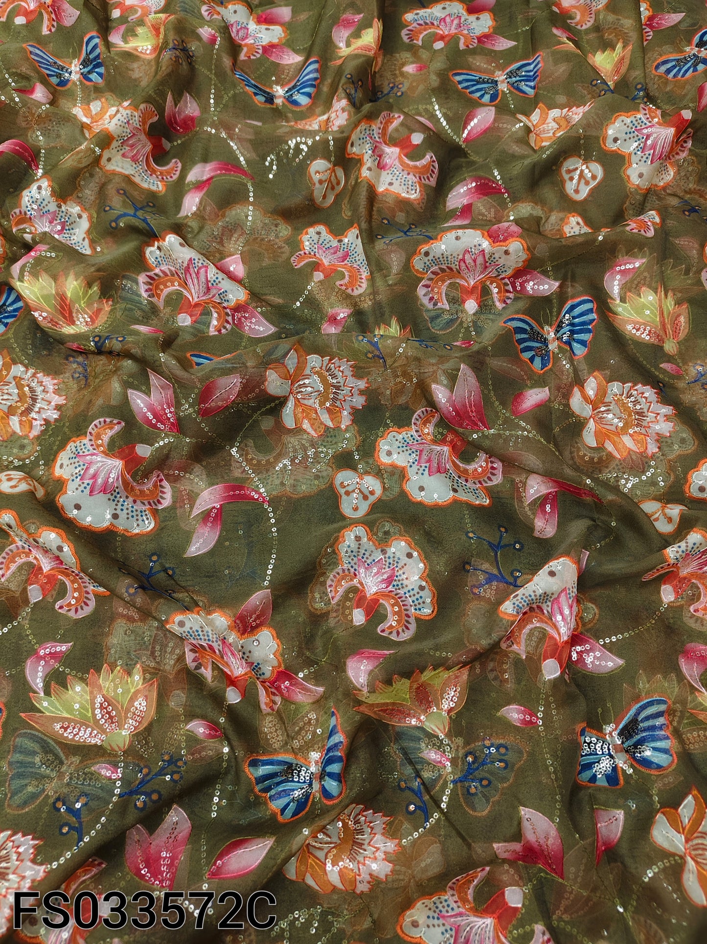Green Organza Position Embroidered With Print 44"