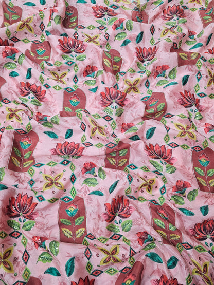 Peach Abstract Position Print On Chinon Fabric