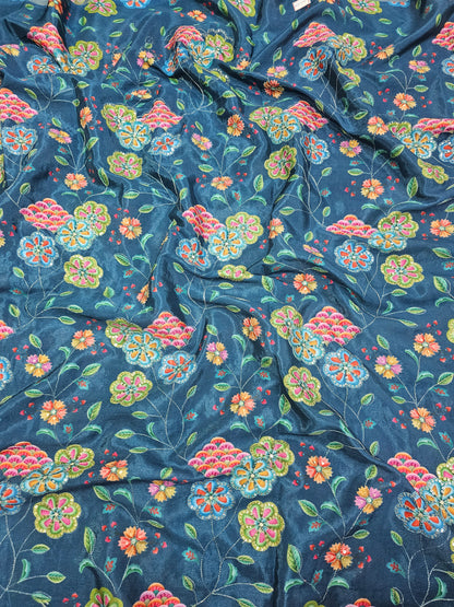 Rama Blue Floral Position Print On Chinon Fabric