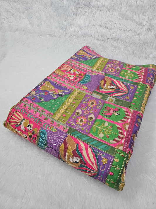 Multi Color Raja Rani Position Print On D-Natural Crepe Fabric