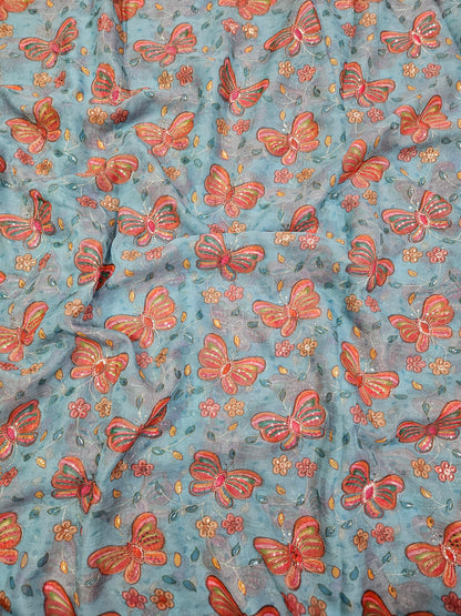 Blue Butterfly Tebby Organza Position Print Fabric
