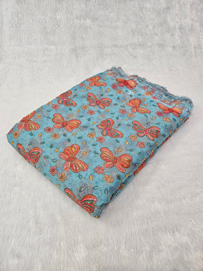 Blue Butterfly Tebby Organza Position Print Fabric