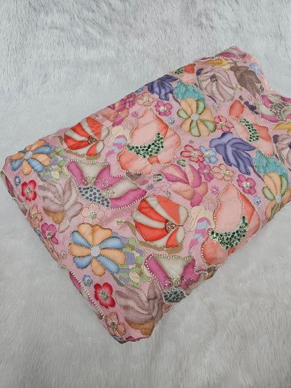 Dusty Pink D Natural Crepe Placement Position Cut Dana Handwork Beads With Embroidered 44"