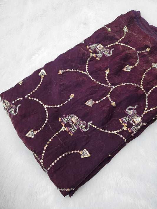 5.50 Meters Space Silk Handwork Beads Embroidered Cut Piece
