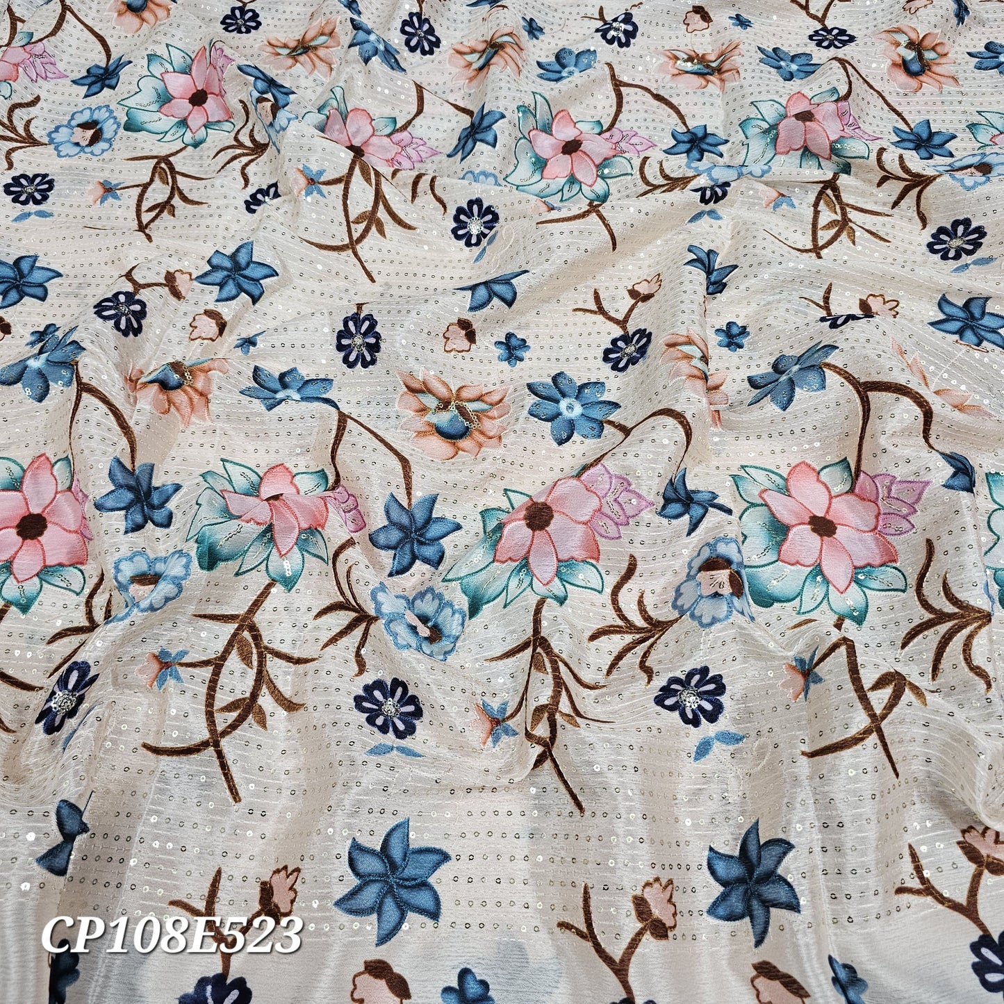 Beige Chinon Position Sequins Embroidery With Print 44"