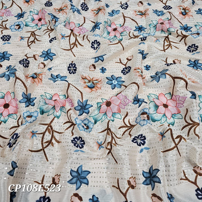 Beige Chinon Position Sequins Embroidery With Print 44"