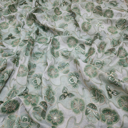 Green Tissue Zari Position Beads Embroidery With Print 44"