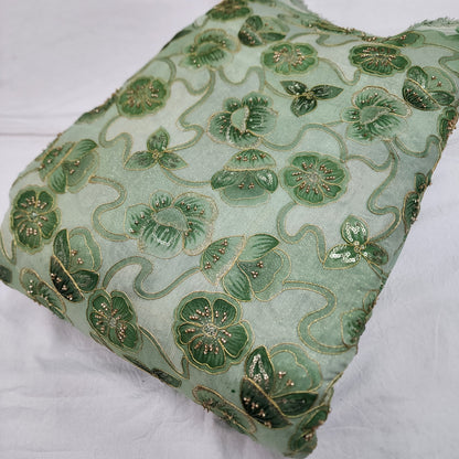 Green Tissue Zari Position Beads Embroidery With Print 44"