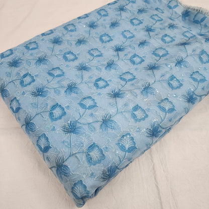 Blue Organza Position Embroidered With Print 44"