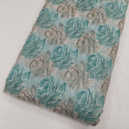 Sea Green Organza Position Embroidery With Print 44"