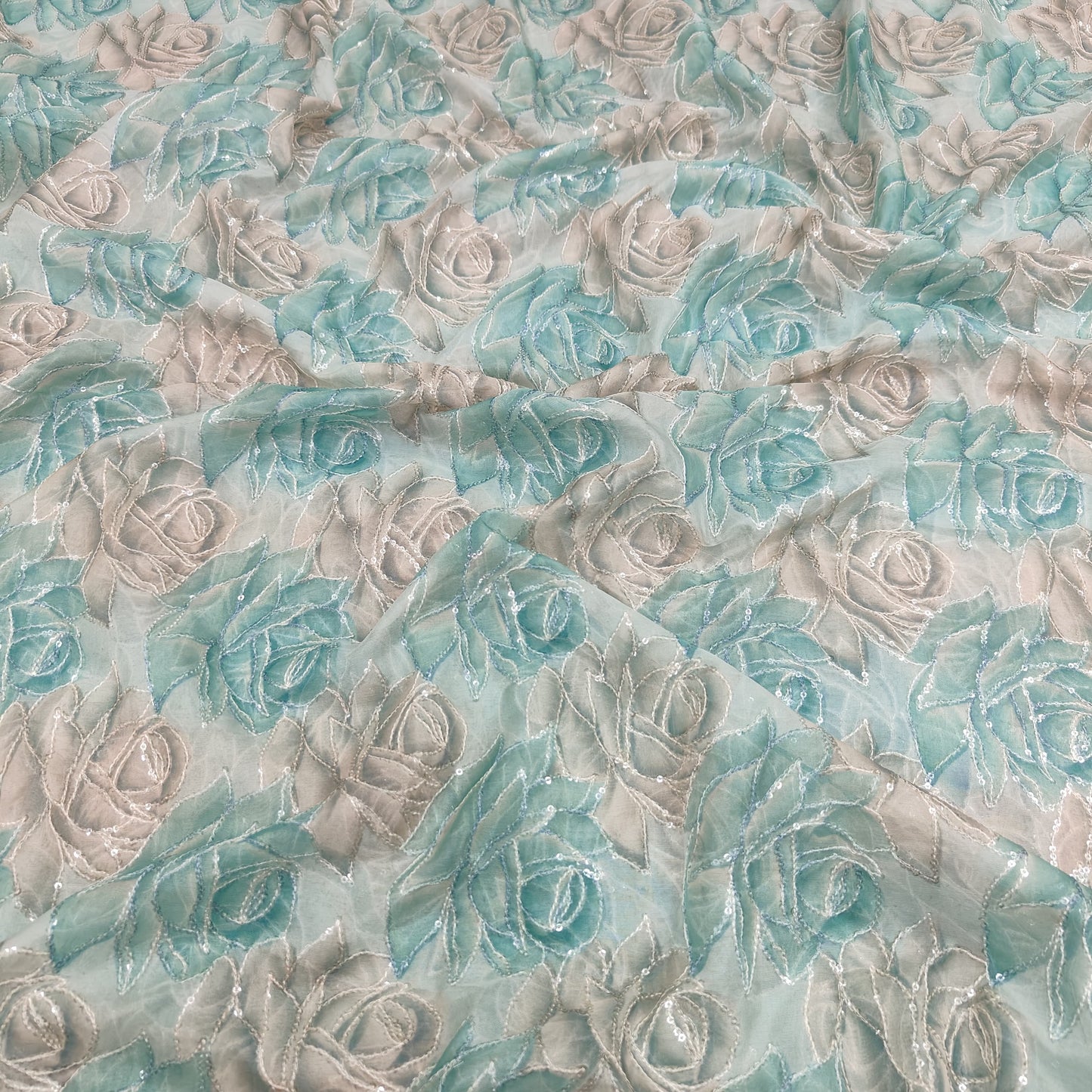 Sea Green Organza Position Embroidery With Print 44"