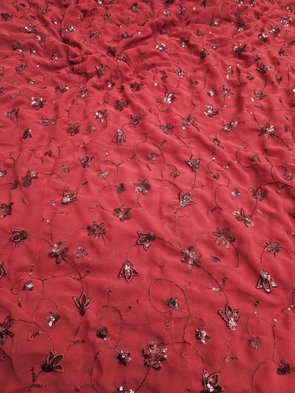 Red Faux Georgette Embroidered 44"