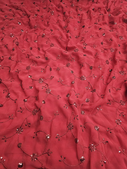 Red Faux Georgette Embroidered 44"