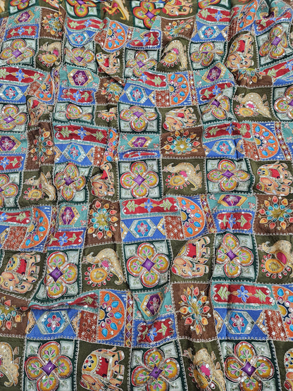 Green Multi Color Heavy Floral Position Print On Pure Natural Crepe Fabric