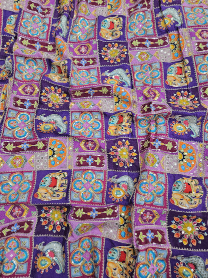 Lavender Multi Color Heavy Floral Position Print On Pure Natural Crepe Fabric