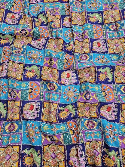 Blue Multi Color Heavy Floral Position Print On Pure Natural Crepe Fabric