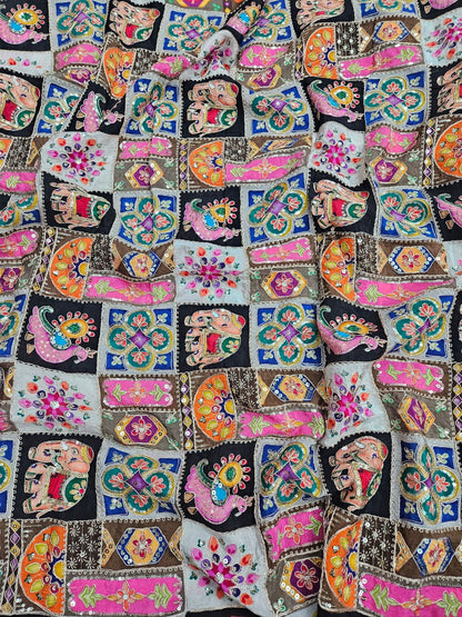 Black Multi Color Heavy Floral Position Print On Pure Natural Crepe Fabric