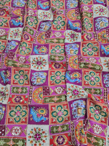 Pink Multi Color Heavy Floral Position Print On Pure Natural Crepe Fabric