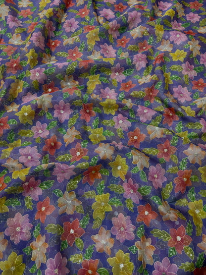 Purple Organza Floral Position Embroidery With Print 44"