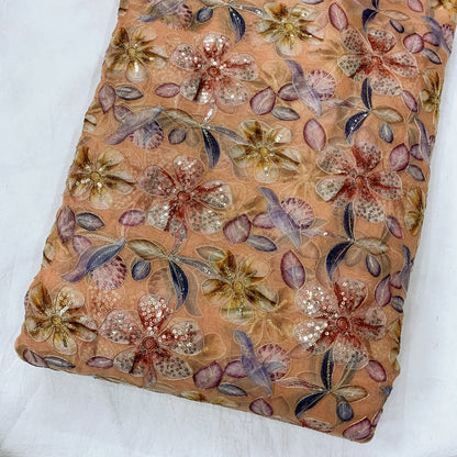 Light Peach Floral Position print On Organza Fabric