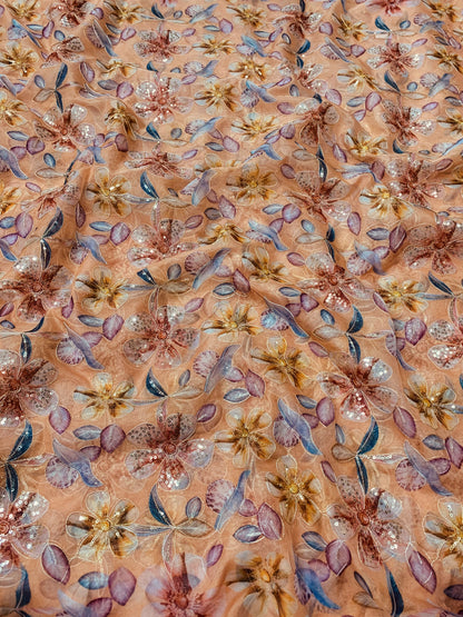 Light Peach Floral Position print On Organza Fabric