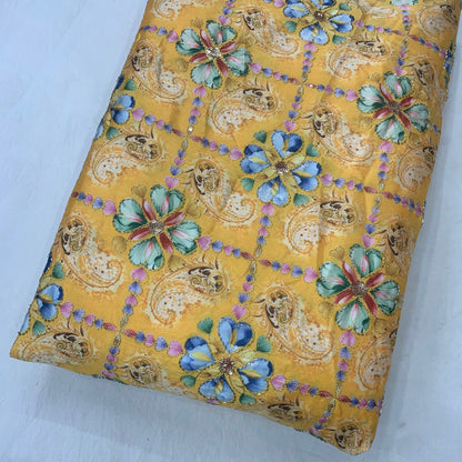 Yellow Abstract Sequins Work On D Crepe Fabric