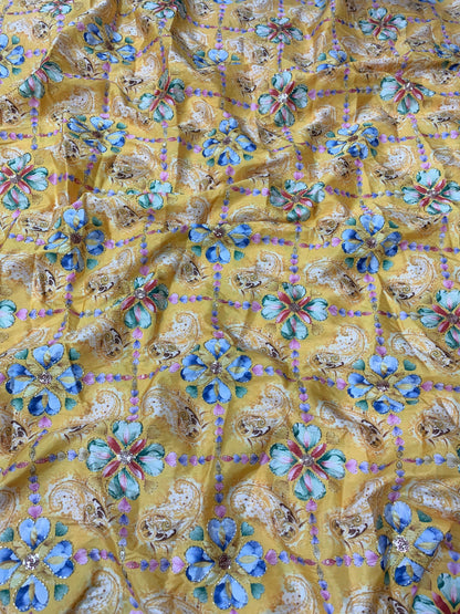 Yellow Abstract Sequins Work On D Crepe Fabric