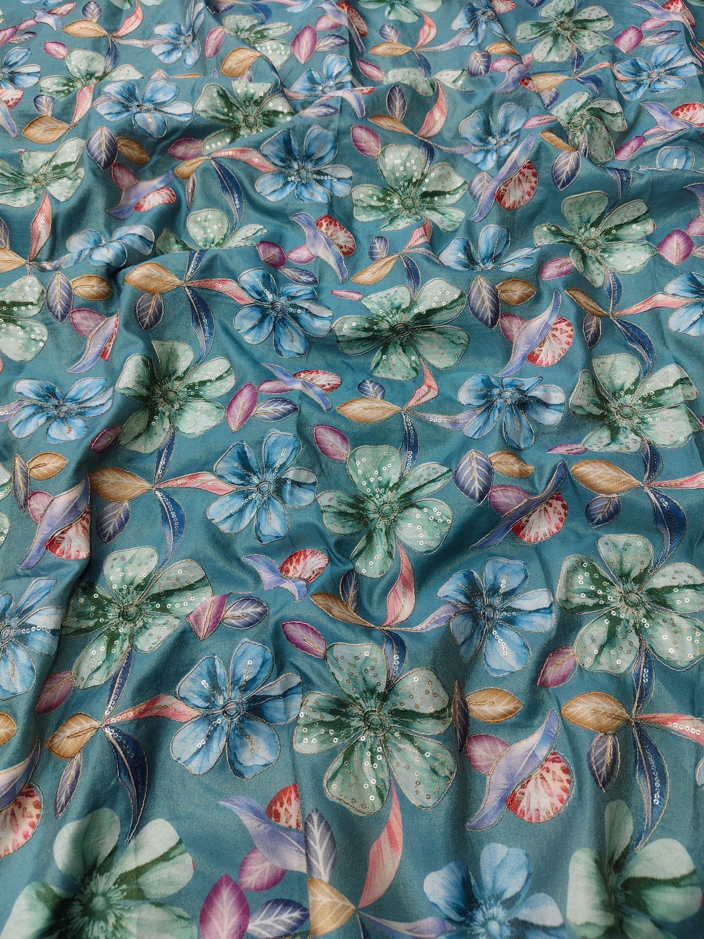 Sky Blue Cosmos Shimmer Position Embroidery With Print 44"