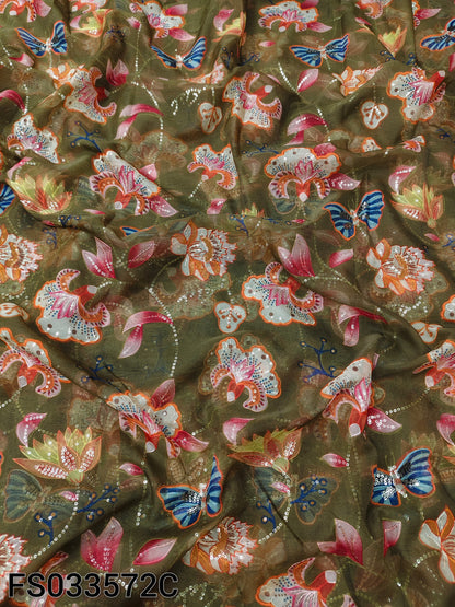 Green Organza Position Embroidered With Print 44"